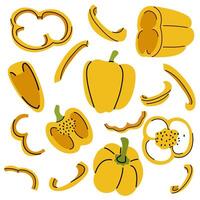 Collection of yellow bell pepper slices and cross sections in flat style vector