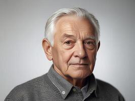 Studio photo of an elderly man with short gray hair on a gray background