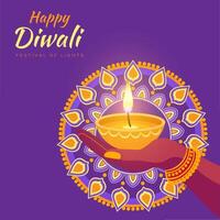 A hand holding a lit candle in a bowl with a purple background. The image is of a festival of lights vector