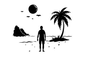 A man standing on the beach with palm trees and a ball vector