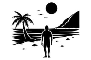 A man standing on the beach with palm trees and the ocean vector