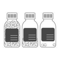 Minimalistic line drawing of three pill containers, each with different quantities of tablets inside vector
