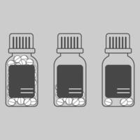 Illustration of three lineart medicine containers icons, each showing different levels of pills vector