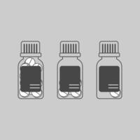 Set of three outlined transparent pill bottles, each containing different quantities of medicine vector