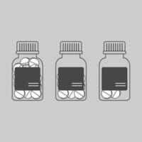 Transparent pill bottles with visible contents, presented in a minimalistic line drawing vector