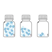 Transparent pill bottles with blue capsules in varying amounts, outlined minimalist design vector