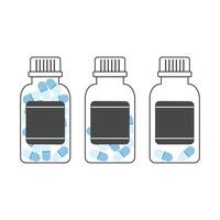 Three outlined medical bottles with different amount of blue capsules inside vector