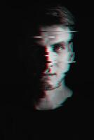 Black and white portrait of a man with glitch effect photo