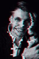 Portrait of Caucasian man. Black and white with 3D glitch virtual reality effect photo