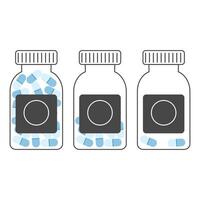 Set of transparent, outlined pill bottles with blue capsules. Editable stroke vector