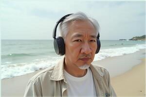 An old Asian man puts on headphones and enjoys music at the beach. photo