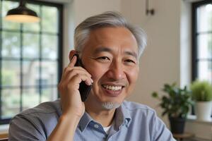 An old man happily talks about business on his mobile phone in the office. photo