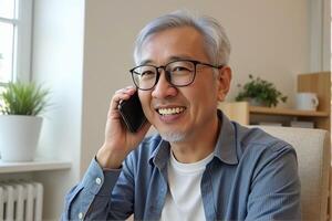 An old man happily talks about business on his mobile phone in the office. photo