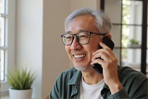 An old man happily talks about business on his mobile phone in the office. photo