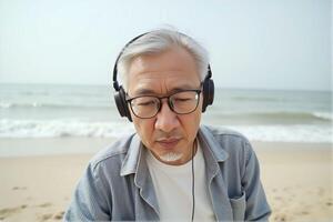 An old Asian man puts on headphones and enjoys music at the beach. photo