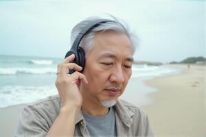 An old Asian man puts on headphones and enjoys music at the beach. photo