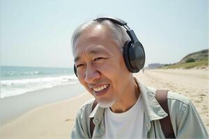 An old Asian man puts on headphones and enjoys music at the beach. photo