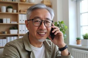 An old man happily talks about business on his mobile phone in the office. photo