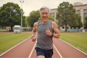 An old man is smiling and enjoying running on the track. photo