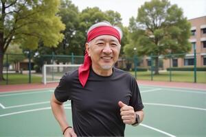 An old man is smiling and enjoying running on the track. photo