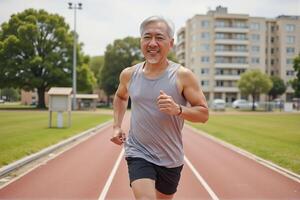 An old man is smiling and enjoying running on the track. photo