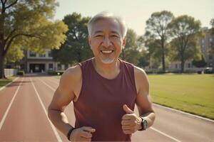 An old man is smiling and enjoying running on the track. photo