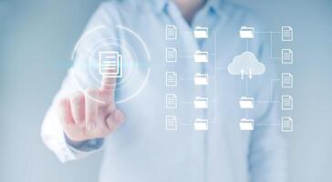 Document Management System DMS, online documentation database and process, knowledge and documentation in enterprise with ERP automation to efficiently manage files. Corporate business technology. photo