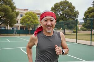 An old man is smiling and enjoying running on the track. photo