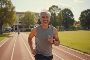 An old man is smiling and enjoying running on the track. photo