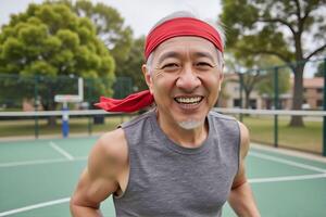 An old man is smiling and enjoying running on the track. photo