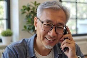 An old man happily talks about business on his mobile phone in the office. photo