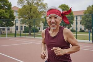 An old man is smiling and enjoying running on the track. photo