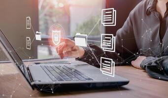 FTP File Transfer Protocol files receiver, computer backup copy. File sharing isometric. Exchange information data with internet cloud technology. Digital documents, online documentation database. photo