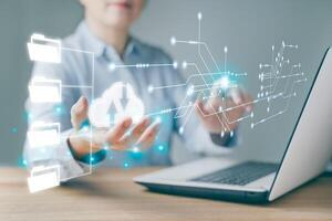 Document Management System DMS, online documentation database and process automation to efficiently manage files, knowledge and documentation in enterprise with ERP. Corporate business technology. photo