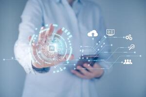 Technology abstract background with hand touching complex circular diagram on virtual screen with copy-space, innovation, network, big data, internet concept technologies for business and digital data photo