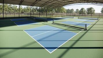 corner view pickleball courts with shade structure photo