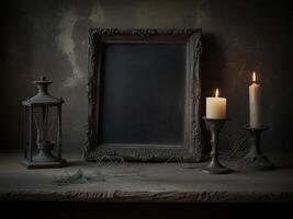 Gothic Still Life with Vintage Frame, Candles, and Lantern on a Dark Background photo