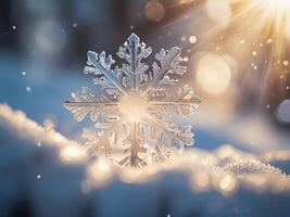 Macro photo of a glowing snowflake in soft sunlight on a snowy background.