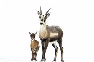 Two chamois standing together in a snowy landscape during winter, showcasing their natural habitat and family bond photo