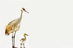 Sandhill crane and chick standing tall against a plain background in a serene setting photo