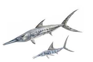 Two species of swordfish swimming together in an underwater setting presented in a detailed and realistic illustration photo