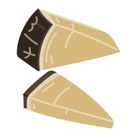 Hard cheese parmesan or pecorino, cut into triangular pieces in a dark package separately, illustration, isolated highlighted on a white. For the menu of dairy products, cafes, restaurants vector