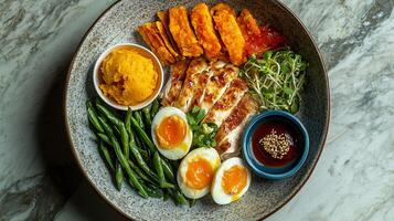 A healthy and flavorful meal consisting of grilled chicken, sweet potato puree, green beans, hard-boiled eggs, and a side of dipping sauce. photo
