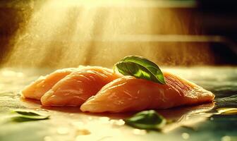 Three pieces of raw salmon fillet with fresh basil leaves on a wet surface with a bright light shining behind. photo