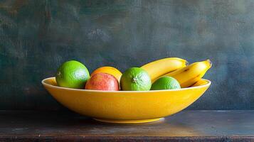 A yellow bowl filled with fresh fruits like bananas, limes, and oranges, set on a rustic wooden table against a dark green background. photo