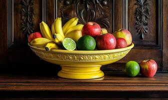 A yellow bowl filled with bananas, apples, and limes sits on a wooden table. photo