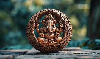 A carved wooden sculpture of the Hindu god Ganesha, sitting in a meditative pose within a circular frame, against a backdrop of lush greenery. photo