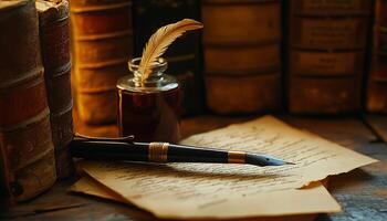 An antique fountain pen, a feather quill, a glass inkwell, and a handwritten letter on parchment paper in a warm, inviting library setting. photo