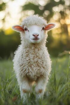 A fluffy white lamb with large brown eyes stands in a field of green grass, looking directly at the camera. photo
