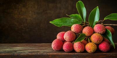 A cluster of fresh lychees with green leaves on a rustic wooden table against a dark background. photo